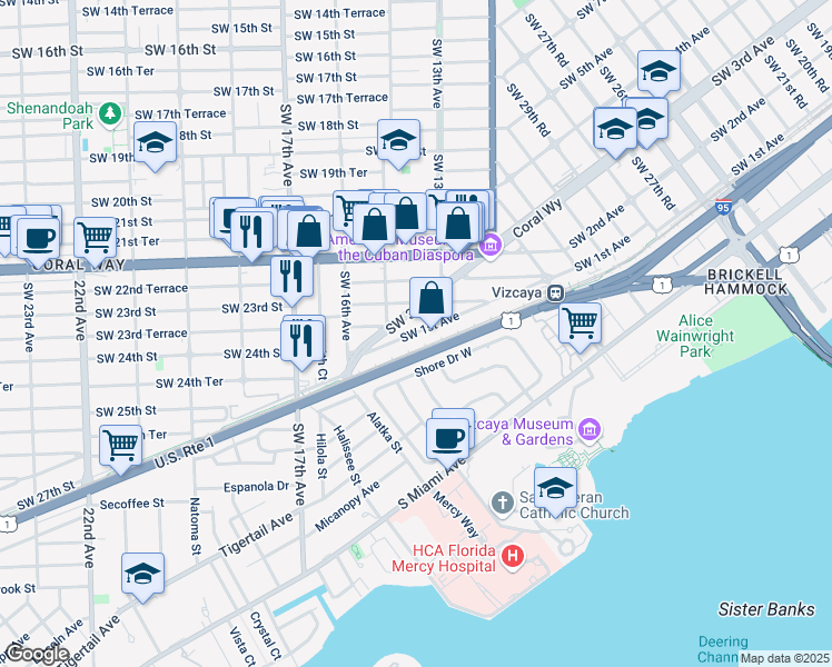 map of restaurants, bars, coffee shops, grocery stores, and more near 3553 Southwest 3rd Avenue in Miami