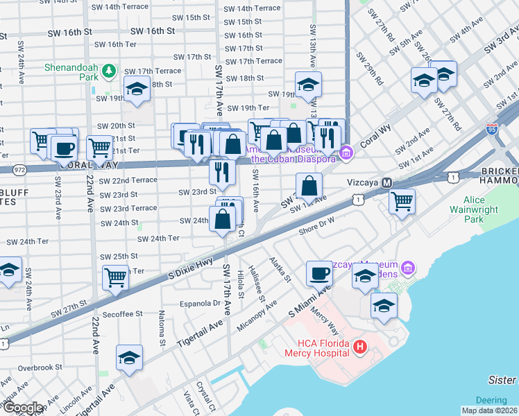 map of restaurants, bars, coffee shops, grocery stores, and more near 2288 Southwest 16th Avenue in Miami