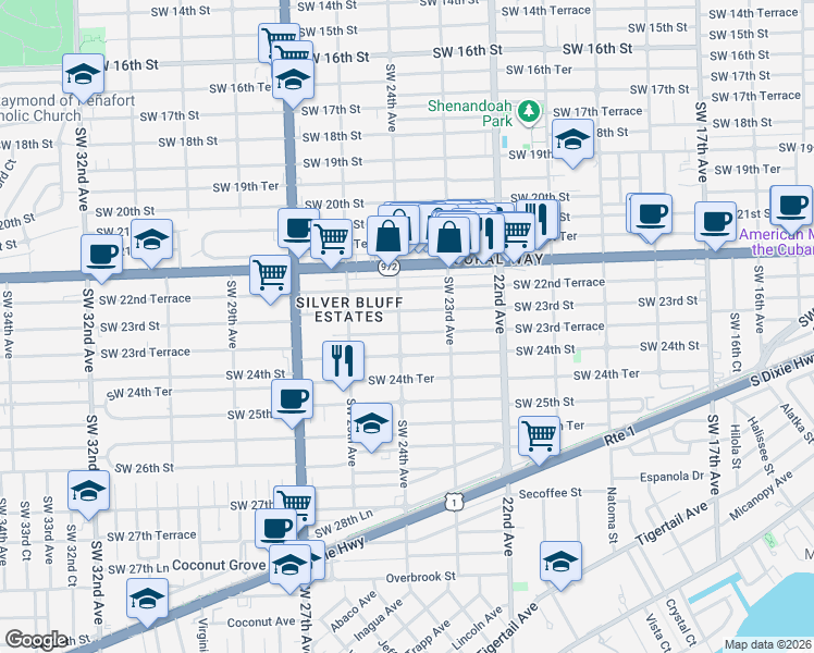 map of restaurants, bars, coffee shops, grocery stores, and more near 2371 Southwest 23rd Street in Miami