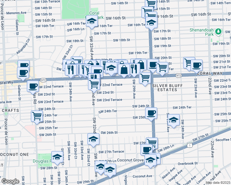 map of restaurants, bars, coffee shops, grocery stores, and more near 3116 Southwest 22nd Terrace in Miami