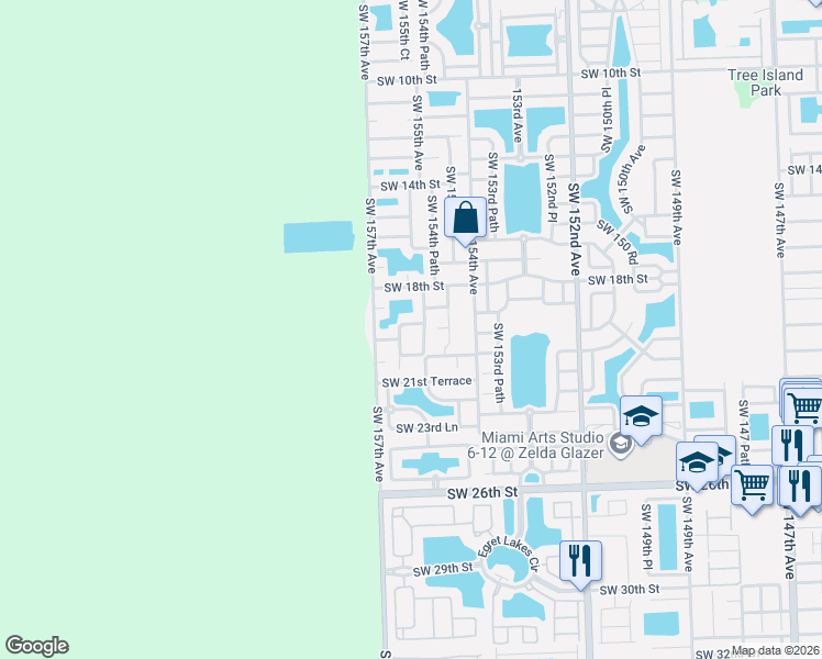 map of restaurants, bars, coffee shops, grocery stores, and more near 1876 Southwest 155th Avenue in Miami