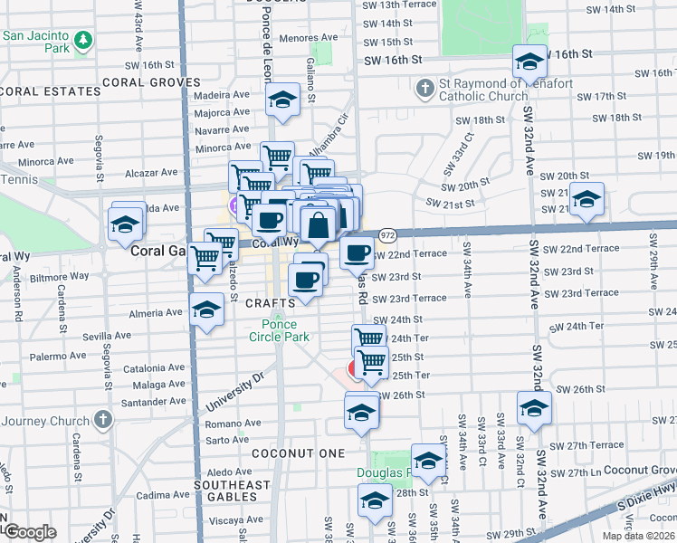 map of restaurants, bars, coffee shops, grocery stores, and more near 1 Andalusia Avenue in Coral Gables