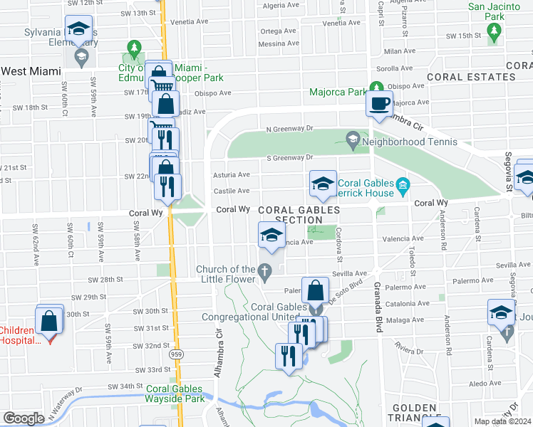map of restaurants, bars, coffee shops, grocery stores, and more near 1264 Coral Way in Coral Gables