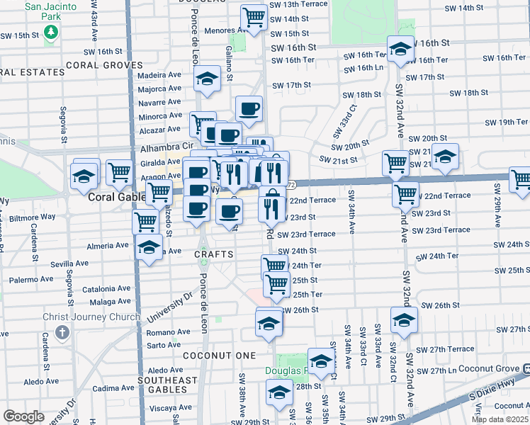map of restaurants, bars, coffee shops, grocery stores, and more near 2442 Southwest 37th Avenue in Miami