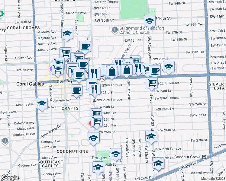 map of restaurants, bars, coffee shops, grocery stores, and more near 3563 Southwest 22nd Terrace in Miami