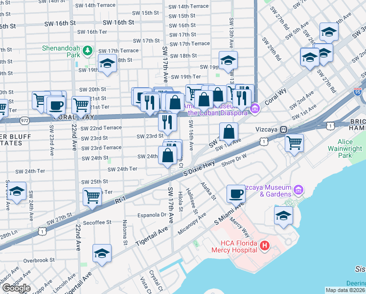 map of restaurants, bars, coffee shops, grocery stores, and more near 2288 Southwest 16th Avenue in Miami