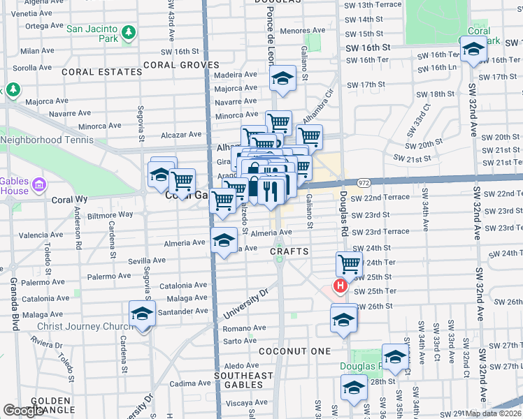 map of restaurants, bars, coffee shops, grocery stores, and more near 2418-20 Ponce de Leon in Coral Gables