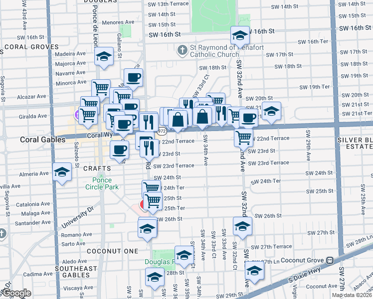 map of restaurants, bars, coffee shops, grocery stores, and more near 3563 Southwest 22nd Terrace in Miami