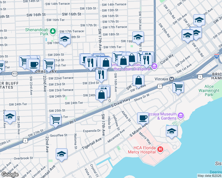 map of restaurants, bars, coffee shops, grocery stores, and more near 2288 Southwest 16th Avenue in Miami