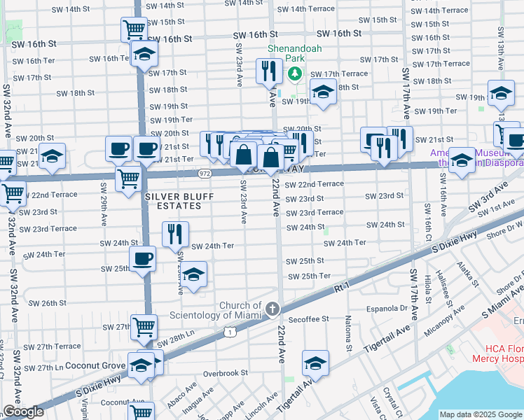 map of restaurants, bars, coffee shops, grocery stores, and more near 2222 Southwest 23rd Street in Miami