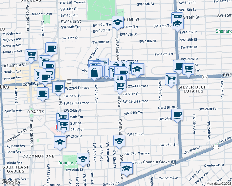 map of restaurants, bars, coffee shops, grocery stores, and more near 3240 Southwest 22nd Terrace in Miami