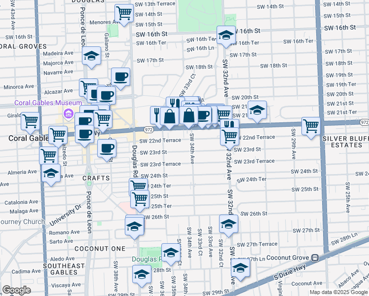 map of restaurants, bars, coffee shops, grocery stores, and more near 3416 Southwest 22nd Terrace in Miami