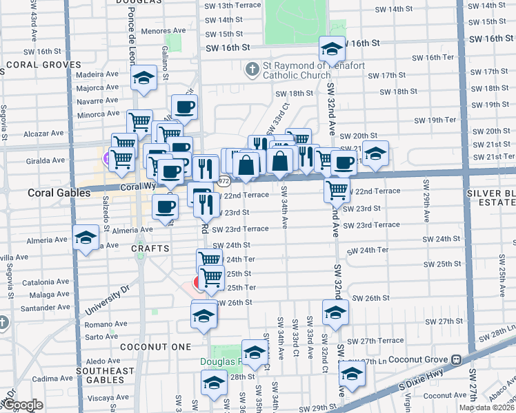 map of restaurants, bars, coffee shops, grocery stores, and more near 3563 Southwest 22nd Terrace in Miami