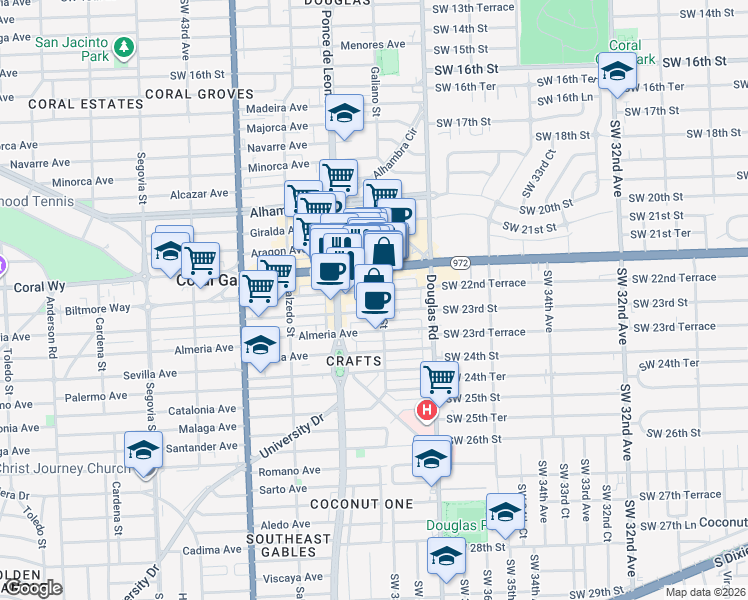 map of restaurants, bars, coffee shops, grocery stores, and more near 136 Miracle Mile in Coral Gables