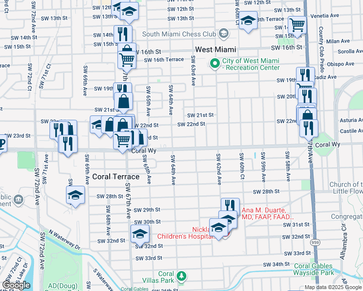 map of restaurants, bars, coffee shops, grocery stores, and more near 6326 Southwest 23rd Street in Miami