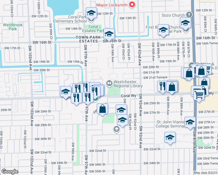 map of restaurants, bars, coffee shops, grocery stores, and more near 2140 Southwest 94th Court in Miami