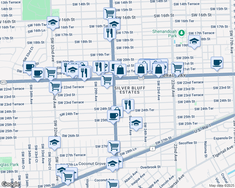map of restaurants, bars, coffee shops, grocery stores, and more near 2299 Southwest 27th Avenue in Miami