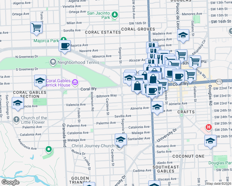 map of restaurants, bars, coffee shops, grocery stores, and more near 625 Biltmore Way in Coral Gables