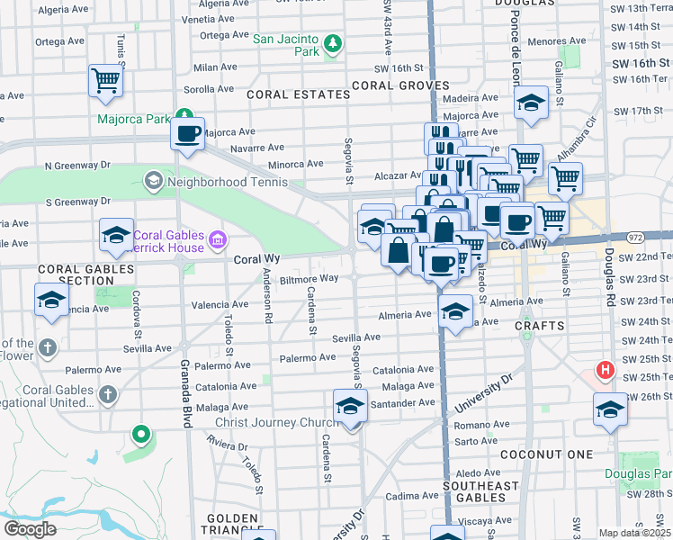 map of restaurants, bars, coffee shops, grocery stores, and more near 626 Coral Way in Coral Gables