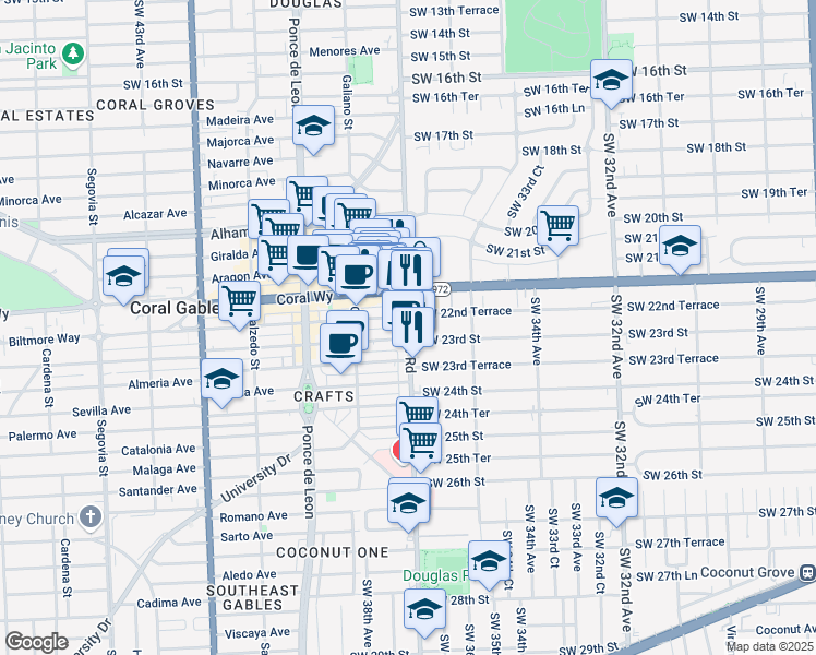 map of restaurants, bars, coffee shops, grocery stores, and more near 2442 Southwest 37th Avenue in Miami