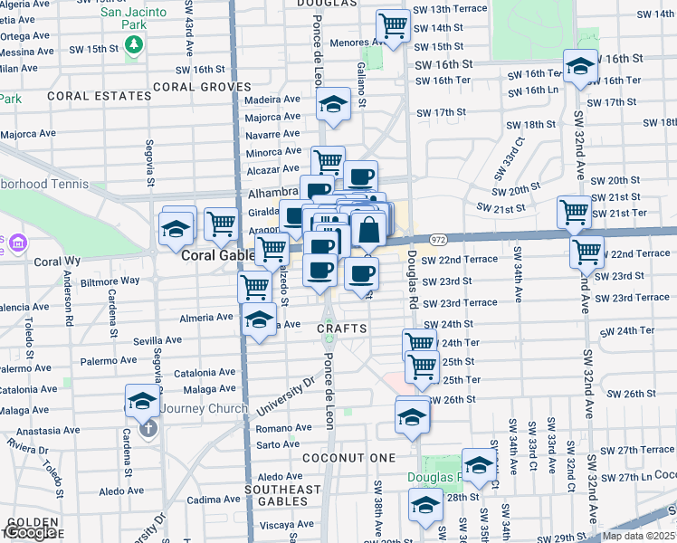 map of restaurants, bars, coffee shops, grocery stores, and more near 136 Miracle Mile in Coral Gables