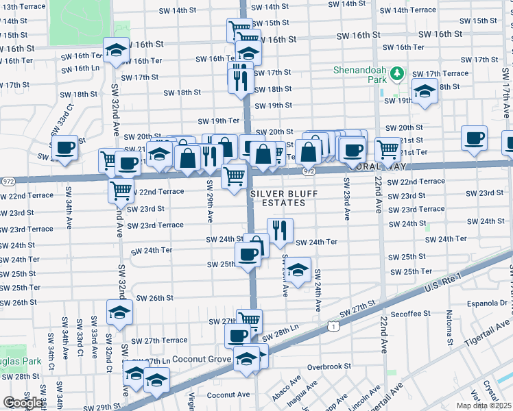 map of restaurants, bars, coffee shops, grocery stores, and more near 2299 Southwest 27th Avenue in Miami