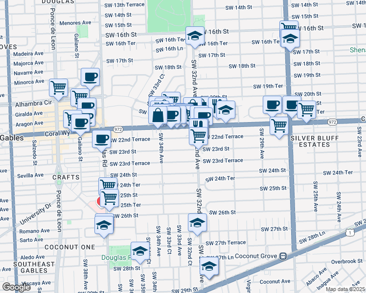 map of restaurants, bars, coffee shops, grocery stores, and more near 3240 Southwest 22nd Terrace in Miami