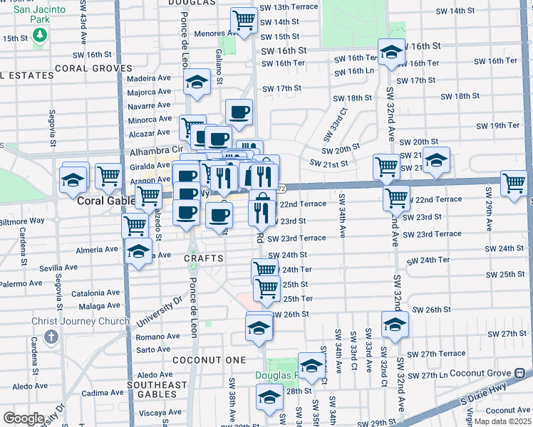 map of restaurants, bars, coffee shops, grocery stores, and more near 2442 Southwest 37th Avenue in Miami