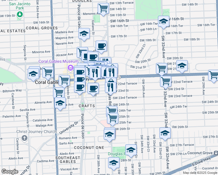 map of restaurants, bars, coffee shops, grocery stores, and more near 2442 Southwest 37th Avenue in Miami
