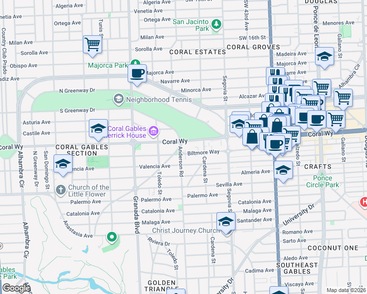 map of restaurants, bars, coffee shops, grocery stores, and more near 700 South Greenway Drive in Coral Gables