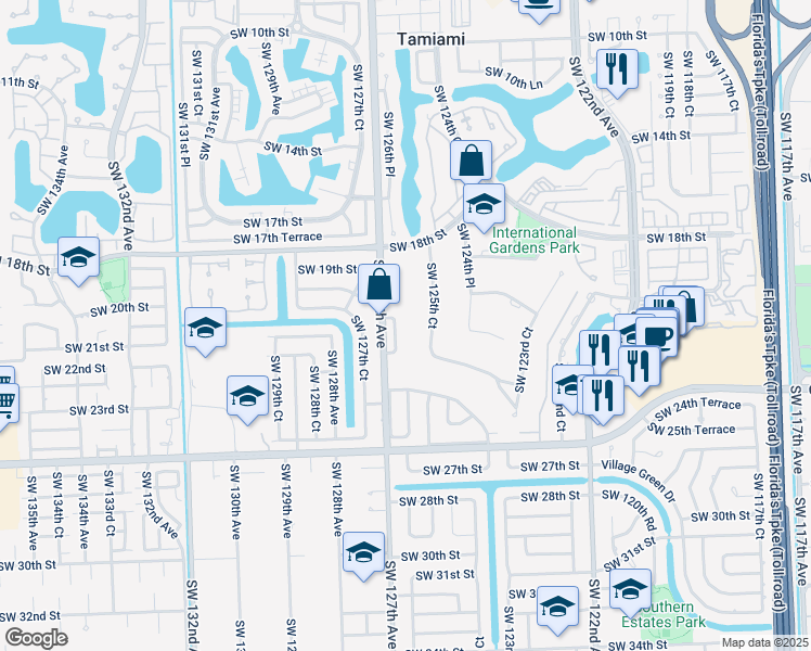 map of restaurants, bars, coffee shops, grocery stores, and more near 12661 Southwest 20th Terrace in Miami