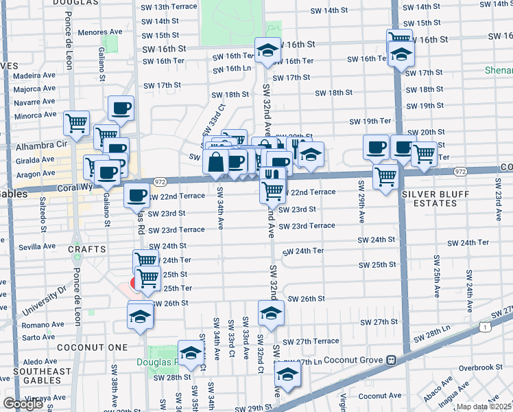 map of restaurants, bars, coffee shops, grocery stores, and more near 3240 Southwest 22nd Terrace in Miami