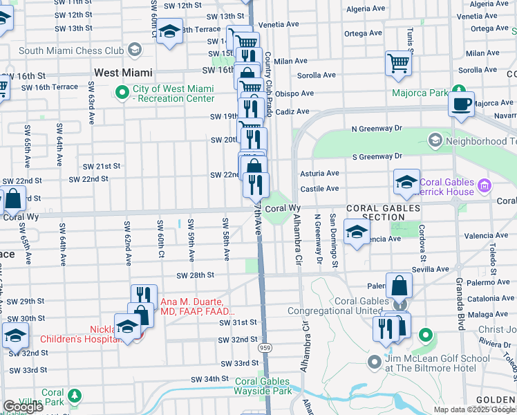 map of restaurants, bars, coffee shops, grocery stores, and more near SW 57th Ave & Coral Way in Miami