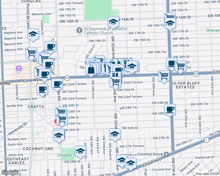 map of restaurants, bars, coffee shops, grocery stores, and more near 3240 Southwest 22nd Terrace in Miami