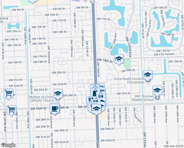 map of restaurants, bars, coffee shops, grocery stores, and more near 13721 Southwest 21st Street in Miami