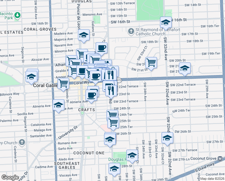 map of restaurants, bars, coffee shops, grocery stores, and more near 2263 Douglas Road in Miami