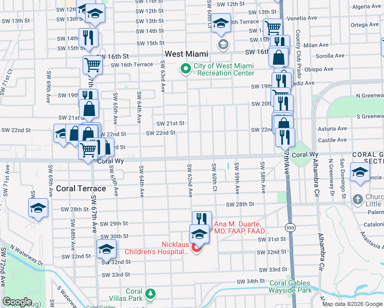 map of restaurants, bars, coffee shops, grocery stores, and more near 2317 Southwest 62nd Avenue in Miami
