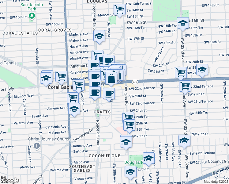map of restaurants, bars, coffee shops, grocery stores, and more near 1 Andalusia Avenue in Coral Gables