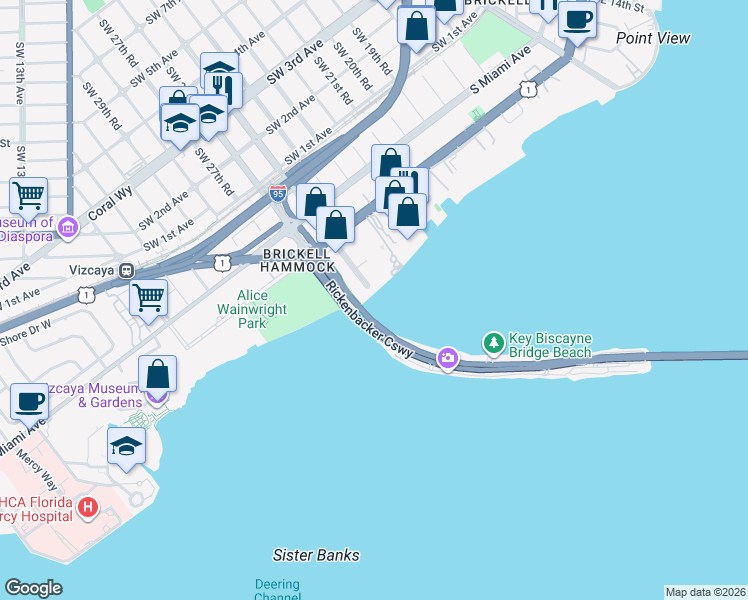 map of restaurants, bars, coffee shops, grocery stores, and more near 175 Southeast 25th Road in Miami