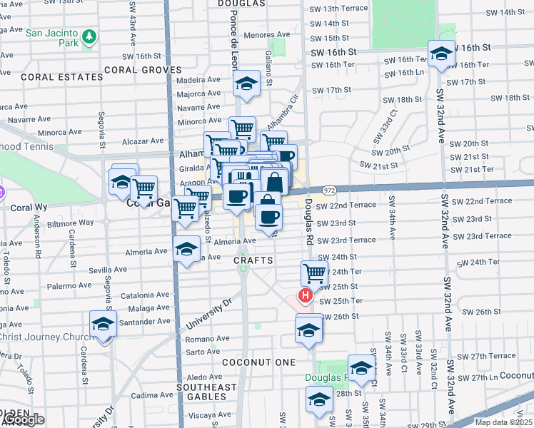 map of restaurants, bars, coffee shops, grocery stores, and more near 136 Miracle Mile in Coral Gables