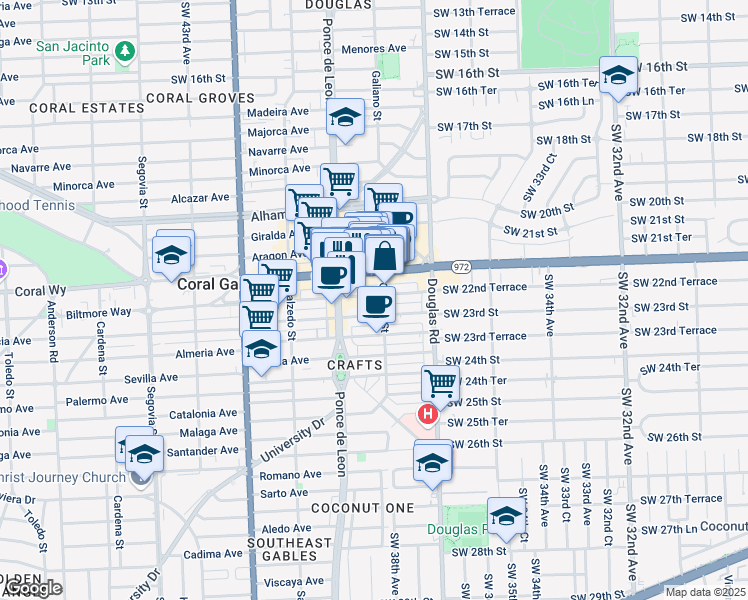 map of restaurants, bars, coffee shops, grocery stores, and more near 136 Miracle Mile in Coral Gables