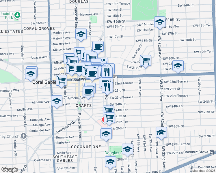 map of restaurants, bars, coffee shops, grocery stores, and more near 2265 Southwest 37th Avenue in Miami