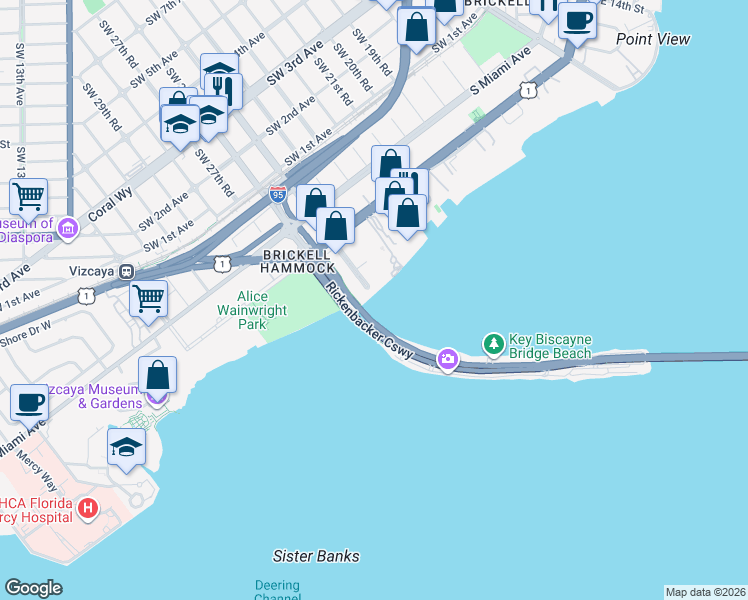 map of restaurants, bars, coffee shops, grocery stores, and more near 175 Southeast 25th Road in Miami