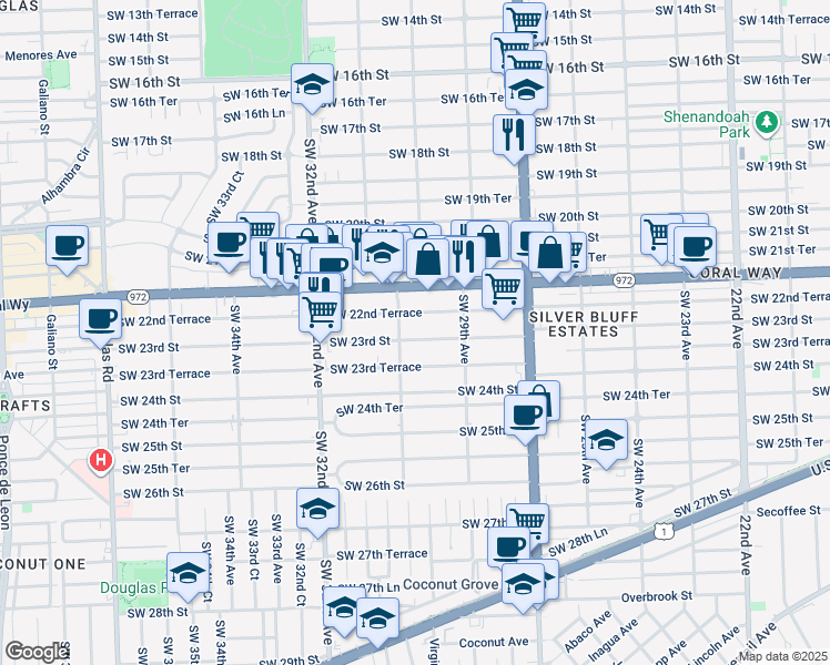 map of restaurants, bars, coffee shops, grocery stores, and more near 3014 Southwest 22nd Terrace in Miami
