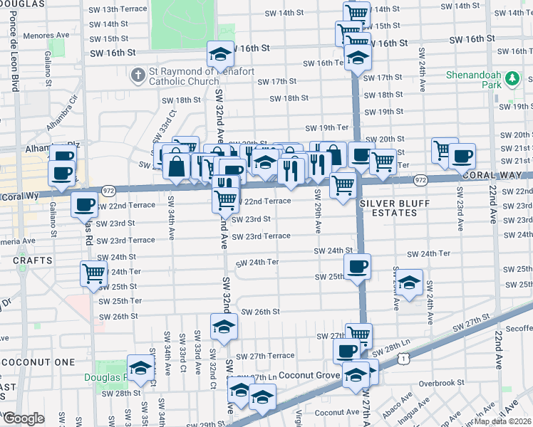 map of restaurants, bars, coffee shops, grocery stores, and more near 3116 Southwest 22nd Terrace in Miami