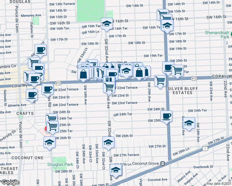 map of restaurants, bars, coffee shops, grocery stores, and more near 3178 Southwest 22nd Terrace in Miami