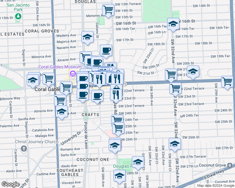 map of restaurants, bars, coffee shops, grocery stores, and more near 2442 Southwest 37th Avenue in Miami