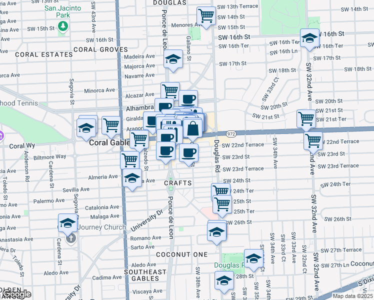 map of restaurants, bars, coffee shops, grocery stores, and more near 136 Miracle Mile in Coral Gables