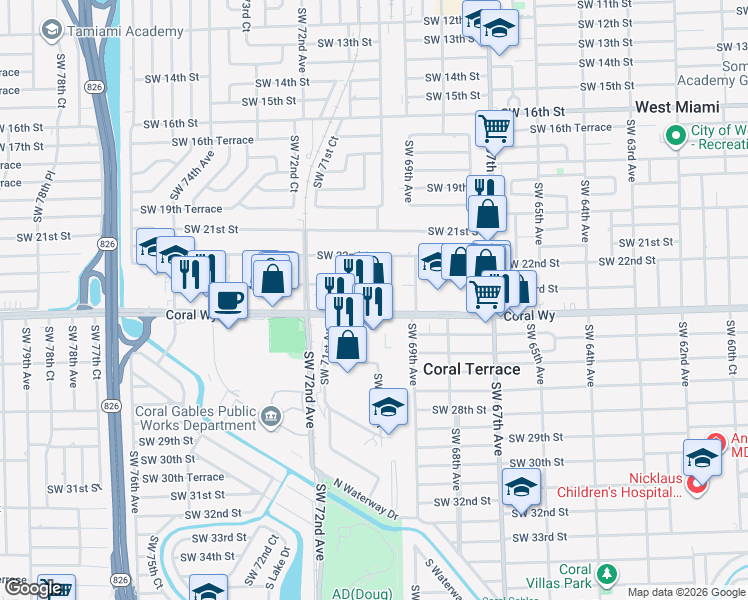 map of restaurants, bars, coffee shops, grocery stores, and more near 7000 Southwest 23rd Street in Miami