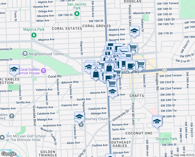 map of restaurants, bars, coffee shops, grocery stores, and more near 536 Coral Way in Coral Gables